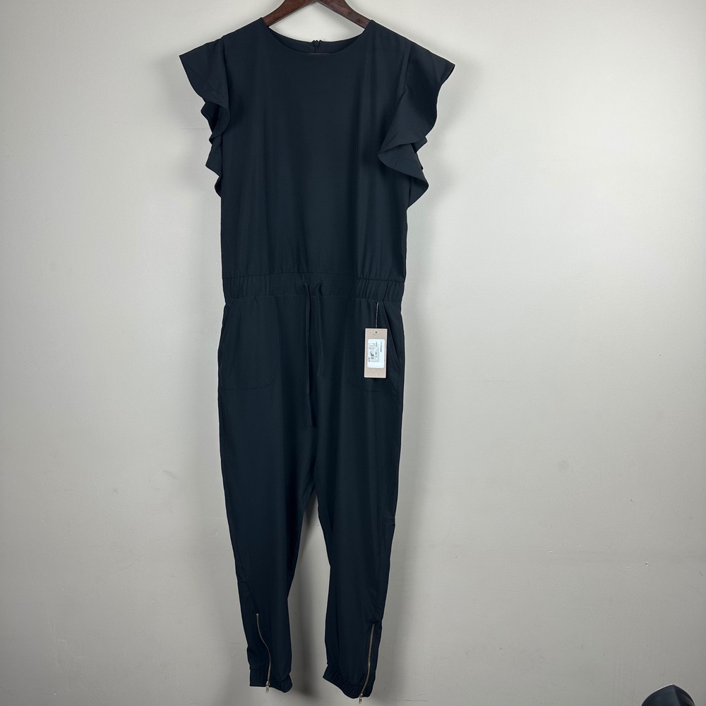 Albion Fit 9 to 9 Jumpsuit Women's S Black Ruffle Sleeve Jogger NWT $128